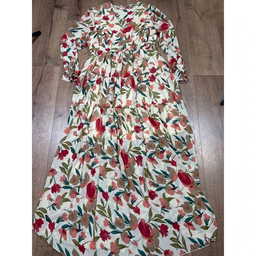 Floral Chiffon Tiered Maxi Dress Long Sleeve Ruffle V-Neck Cream Red Large